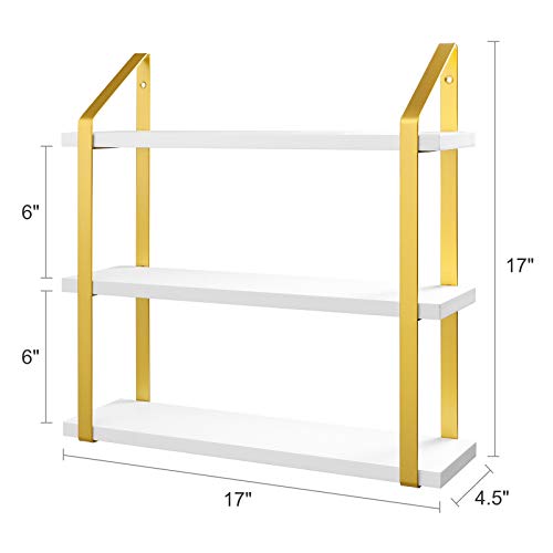 Mkono Floating Shelves 3 Tier White Hanging Shelf with Goldern Metal