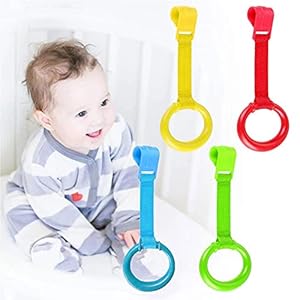 Baby Pull up Ring for Crib, ADIASAI 4pcs Crib Universal Hanging Ring Newborn Hooks Toddler Pull Ring for Learning Sit…