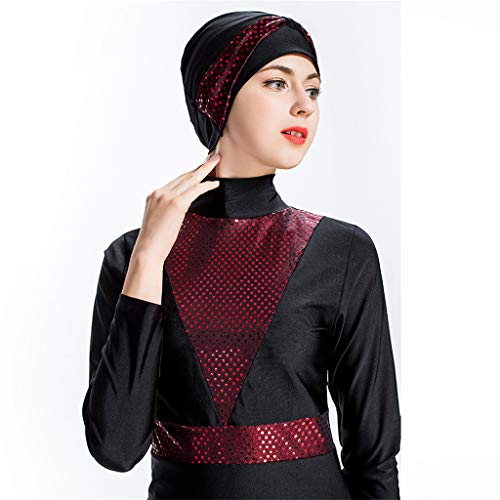 Women Plus Size Swimwear, Lady Solid Color Swimsuit Muslim Bathing Suit With Cap Beachwear Hight Neck Wetsuit