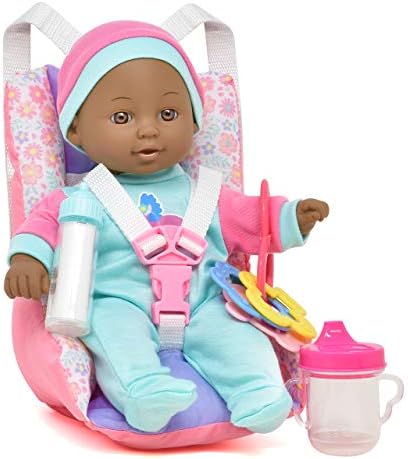 Baby Doll Car Seat with Toy Accessories, Includes 12 Inch Soft Body Black Baby Doll, Booster Seat Carrier, Rattle Toy, Bib and 2 Bottles, Travel Set for Toddler Infant Girl and Boy, African American