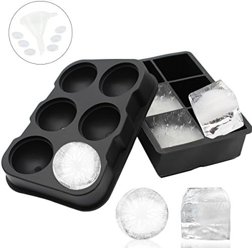 Silicone Ice Cube Trays Combo Mold, 6 Tray Whiskey Round Ice Ball Mold Plus Huge Square Ice Tray Extra Funnel and Plugs ATOZEDO Ice Cubes Maker- BPA Free