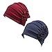 HONENNA Ruffle Chemo Turban Headband Scarf Beanie Cap Hat for Cancer Patient (Wine+Navy Blue)