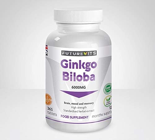 Ginkgo Biloba 6000mg 365 Tablets High Strength Tablets Ginkgo Biloba Extract Vegan and Gluten Friendly Made in UK Futurevits One Years Supply
