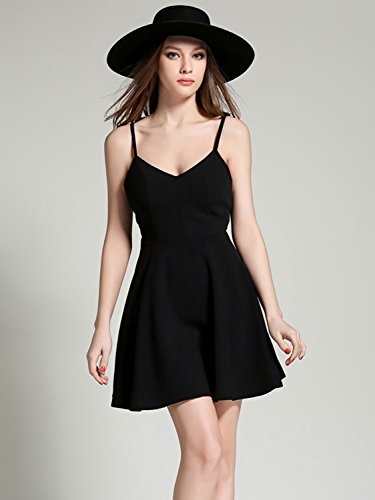PERSUN Women's Black Skater Dress Plunge V-Neck Angel Wing Open Back Party Beach Mini Sundress,Small