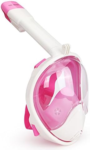 GoPro Compatible Snorkel Mask- Panoramic Full Face Design. See More With Larger Viewing Area Than Traditional Masks. Prevents Gag Reflex with Tubeless Design (pink white, L/XL)