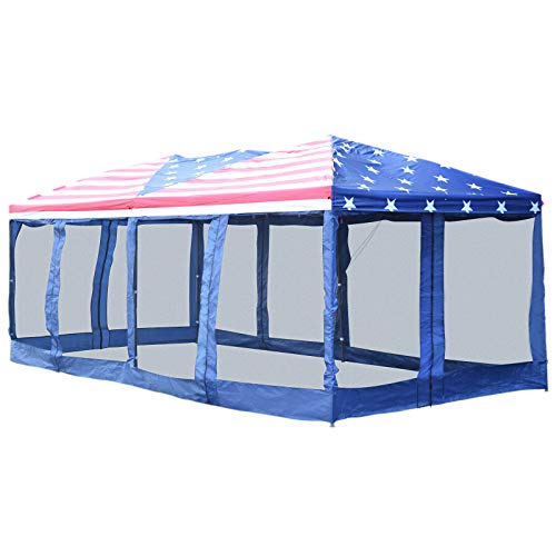 FDInspiration American Flag 10 x 20 FT Outdoor Pop Up Instant Shelter Event Tent Spring Wedding Party Sunshade w/Removable Mesh Netting Sidewalls with Ebook