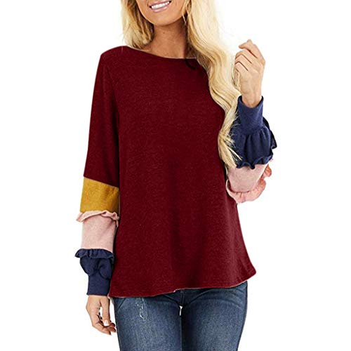Moilant Women T Shirts Color-Block Sleeves Tops Loose O-Neck Blouse Tunics Red
