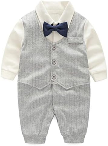 Angelchild Baby Boy One Piece Long Sleeve Gentleman Formal Outfit With Bow Tie Grey 73,9-12 Months,Grey Stripe