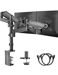 Soporte de monitor de brazo doble, montura de muelle de gas ajustable con abrazadera C y base de anillo para dos pantallas LCD de computadora de 17 a 32 pulgadas, cada brazo tiene capacidad para hasta 17.6 libras, incluye cable HDMI