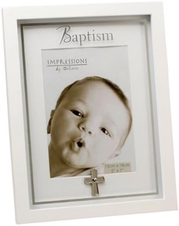 Wooden 5 x 7 Baptism Photo Frame with Mirror Print &amp; Cross Icon FW929B by Impressions by Julianna