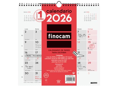 Finocam Wandkalender 2026, Monatsansicht, Januar-Ansicht, Dezember (12 Monate), Kalender 2026, neutraler Monatsplaner – Spanisch