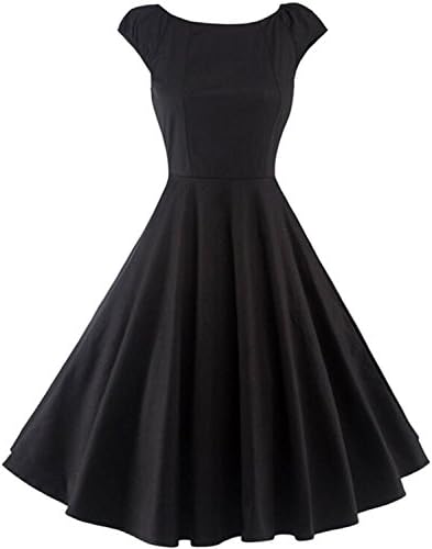 TINTAO Womens Retro 1950s Short Sleeve Solid Color Cocktail Swing Dress D01 (Black, L)