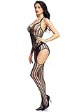 Amoretu Womens Striped Lingerie Halter Bodysuits Suspender Bodystocking, Black1, One Size