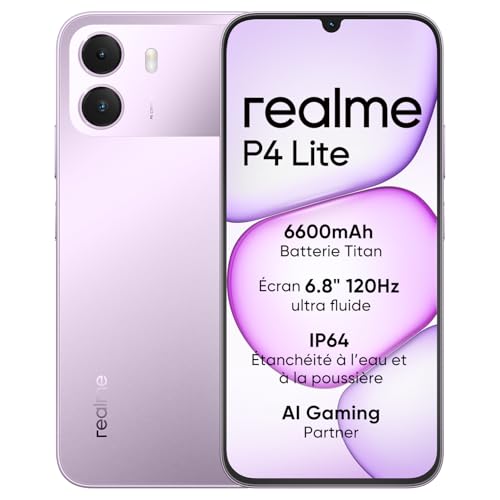 realme P4 Lite 4G Smartphone, 4 GB + 256 GB, HD-display 120 Hz 6,8 inch, titanium accu 6600 mAh, opladen 15 W, omgekeerd opladen 6 W, IP64, Next AI-systeem, pulse paars (zonder oplader)