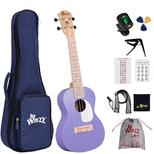Winzz Ukulele Kinder Konzert, Ukulele Erwachsene Anfänger Set, 23 Zoll, mit 9 Zubehör, Kleine Einsteiger Kindergitarre 4 Saiten (Farbe: Violett, Holz)