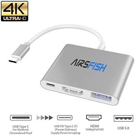 Usb C to HDMI Adapter, AirsFish 3 in 1 Type C Male to HDMI 4K Usb-C Female Converter Cable Usb 3.0 Female Charging Port Adapter for MacBook/Chromebook Pixel/Sumsang Galaxy S8/S9/Yoga 900/Lumia 950XL