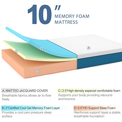 Molblly Full Size Mattress, 10 inch CoolingGel Memory Foam Mattress in