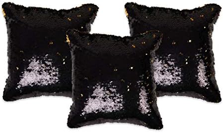 NEHA HANDICRAFTS Silk 3 Piece Handmade Beautiful Magical Mermaid Sequin Work Design Sofa Cushion Covers - 12" x 12", Black & Gold