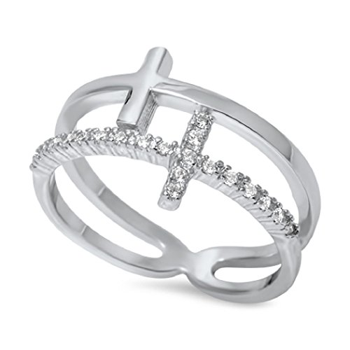Sterling Silver Cubic Zirconia Double Sideway Cross Ring (Size 5 -10, Color Options)