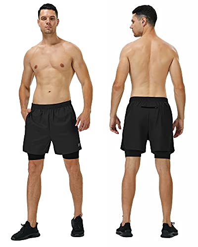 Roadbox 2 in 1 Running Shorts for Men Quick Dry Breathable Workout Gym Athletic Shorts Back Zipper Pocket (Black, 3XL)