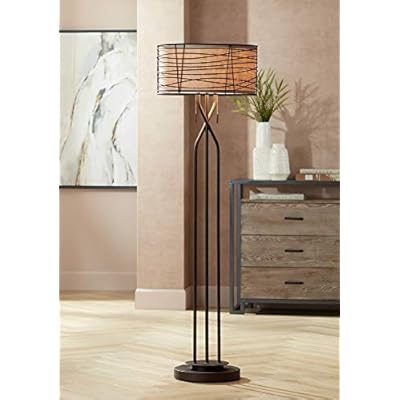 Franklin Iron Works Marlowe Modern Industrial Farmhouse Lamp Floor Standing 60.5" Tall Rustic Bronze Woven Iron Metal Burlap Fabric Double Drum Shade Decor for Living Room Reading House Bedroom 41OHpYQAzSL. SS400