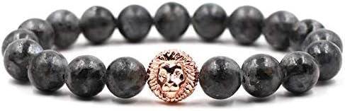 JJDSL Stone Bracelet,Fashion Rose Gold Micro-Inlay Lion Head Natural Black Stone Round Ball Style Bracelet for Beach, Party, Wedding