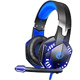 VersionTECH. G2000 Stereo Gaming Headset for Xbox One PS4 PC, Surround Sound Over-Ear Headphones with Noise Cancelling Mic, LED Lights, Volume Control for Laptop, Mac, PS3, Nintendo Switch Games -Blue