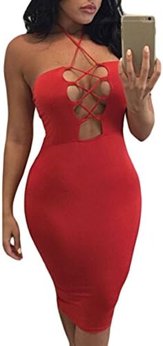 Merry21 Womens Sleeveless Hollow Out Lace Up Halter Party Bandage Dress L Red