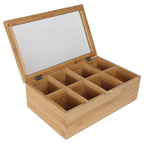 Lilys-Home-Bamboo-Wood-Tea-Box-Chest-Organizer-With-Slide-Out-Drawer-8-Storage-Compartments-Clear-Shatterproof-Hinged-Lid-and-Magnetic-Lock