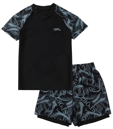 SEAUR Boys Two Piece Swimsuit Short Sleeve Swimming Costume with Swim Trunks Outfit Set Big Kids Swimwear Beach Surfing Bathing Suit 9-15 Years