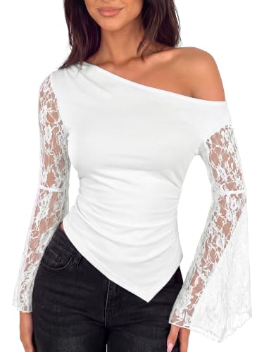 Women's Off The Shoulder Tops Lace Y2K Going Out Fall Tops White M at Amazon