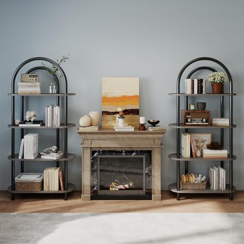 YOSHOOT 4 Tier Curved Bookcase with Metal Frame and Wooden Shelves 165cm High Ideal for Living Room Study Office 80 x 30 x 165 cm (Grey Oak)