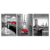 nande art Paris Eiffel Tower Wall Decor - Gray and Red Umbrella Canvas Artwork - London Bridge with Red Bus Picture Painting for Living Room Bedroom Office 3 Panel