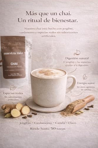 Nuestra Raíz | Chai Latte en polvo ingredientes 100% Naturales y Órgánicos | 100 gr | Sin Azúcar, Sin Lácteos, Sin Saborizantes, Sin Glúten, Sin Conservadores, Sin colorantes | Mezcla de Jengibre Orgánico, Canela de Ceylán Orgánica, Cardamomo, Clavo, Nuez Moscada y Pimienta Orgánica | Hecho en México
