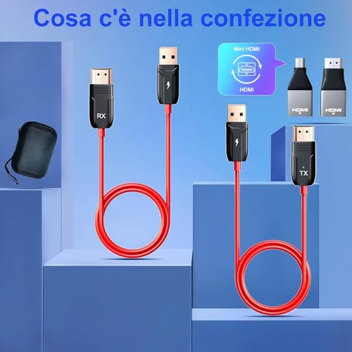 HDMI Wireless Transmitter and Receiver, Decoding 4K Output 1080P, Wireless HDMI Cable Range 165FT/50M, 2.4G and 5G Streaming Video/Audio/File from Laptop, PC to Monitor/TV/Projector, Red
