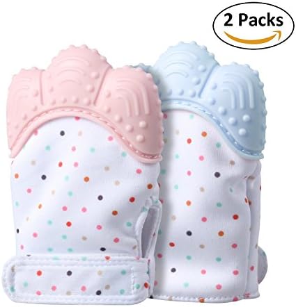 2 PCS Baby Teething Mitten, Self-Soothing Baby Teether &amp; Pain Relief Baby Teething Toys, Safe Food Grade &amp; BPA Free, Unisex for 3-12 Months Babies (Pink&amp;Light Blue)