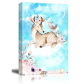 Canvas Wall Art - Hand Drawn Deer and Bird with Flowers - Giclee Print Kid
