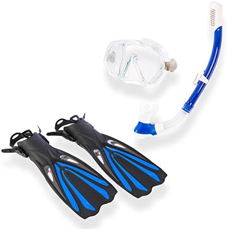 Snorkel Set Diving Mask,Dry Snorkel and Trek Fin with snorkeling Gear Bag (Blue/Blue/Clear)