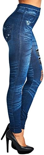 Trinity Jeans Womens Juniors High Waist Distressed and Ripped Detail Denim Print Leggings