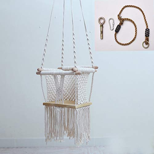 ZHAO YING Hand-Woven Cotton Rope, Square Lace Hammock Chair, Custom Style Children's Swing Rocking Chair, Indoor/Outdoor Tassel, Patio, Deck, Patio, Garden (Color : White)