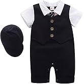 IDOPIP Baby Boy One-Piece Romper Short Sleeve Jumpsuit Gentleman White Shirt Bowtie Tuxedo Birthday Outfit Formal Suit + Hat