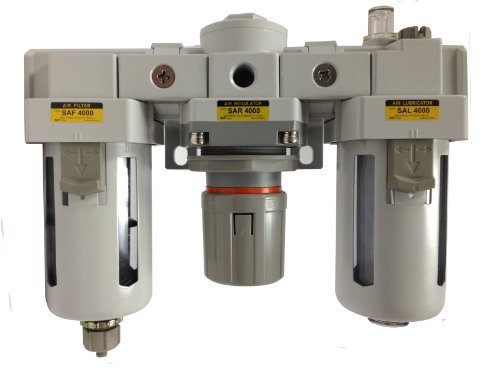 PneumaticPlus SAU4000M-N04G Three-Unit Combo Compressed Air Filter Regulator Lubricator FRL, Air Preparation Unit 1/2" NPT - Manual Drain, Poly Bowl, 10 Micron with Gauge
