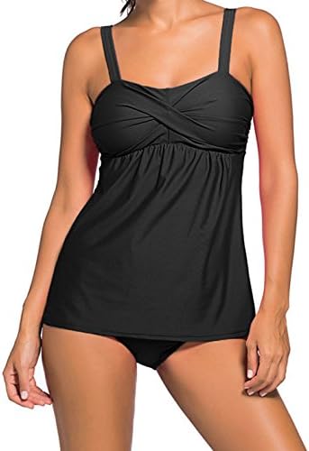 YeeATZ Women Solid Black 2pcs Swing Tankini Swimsuit