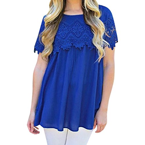 NREALY Womens Summer Casual Lace O Neck T-shirt Short Sleeve Blouse Tops Vest(X-Large, Blue)