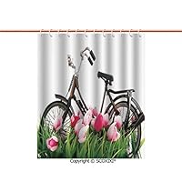 SCOXIXI Shower Curtain,Amazing,Vintage Bicycle Standing Colorful Tulips Outdoor Fun Enjoy The Life Theme Photo Decorative,W78.7XL72 Inches