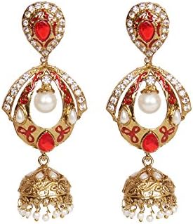 Red Gold Pearl Stones Ethnic Jhumka Jhumki Dangler Earrings TE742