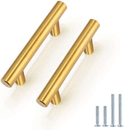 10 Pack Brushed Brass Cabinet Handles 64mm 2 5inch Hole Spacing Gold Color Kitchen Hardware Stainless Steel Drawer Pulls 4 Inch 100mm Length Euro T Bar Dresser Drawer Handles Amazon Com