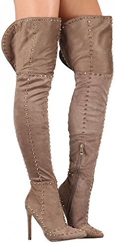 Paris Peach Sasha-1 Studded Suede Pointy Toe Stiletto Over The Knee Thigh High Boots Taupe (6.5)