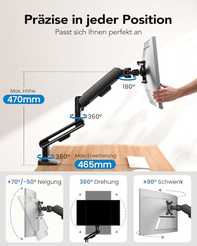 HUANUO Monitor Mount for 13-40 Inch Screens, Monitor Arm with Nitroglide Suspension up to 12 kg, Monitor Mount Height Adjustable, Swivelling, Tilting, for Gaming and Office, VESA 75 x 75/100 x 100 mm