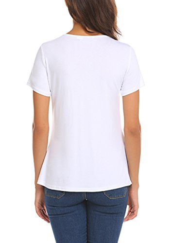 Locryz Women's V Neck Tee Shirts Short Sleeve Loose Fit Casual Pleated Summer Tee Tops (White, L)